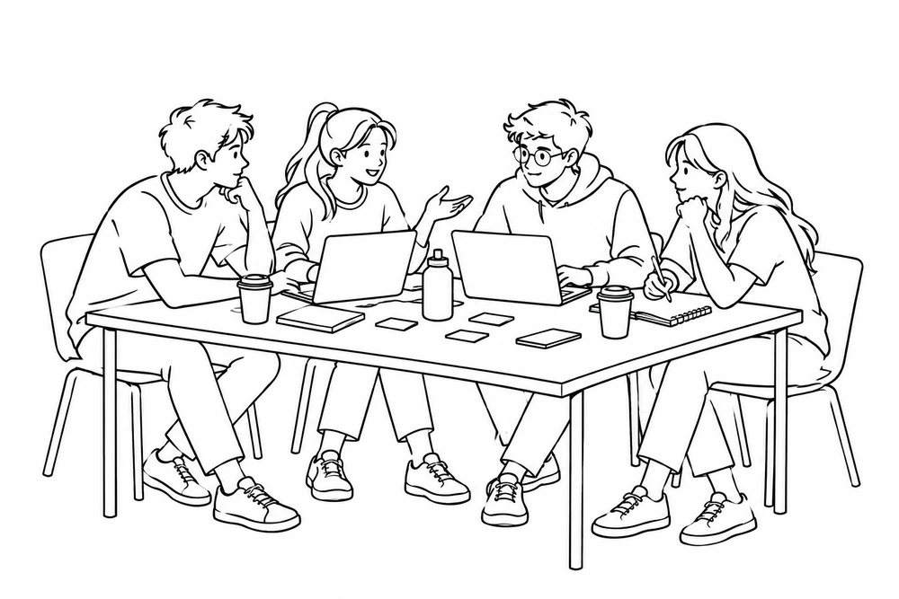 Four students sitting round a table with laptops, working together.